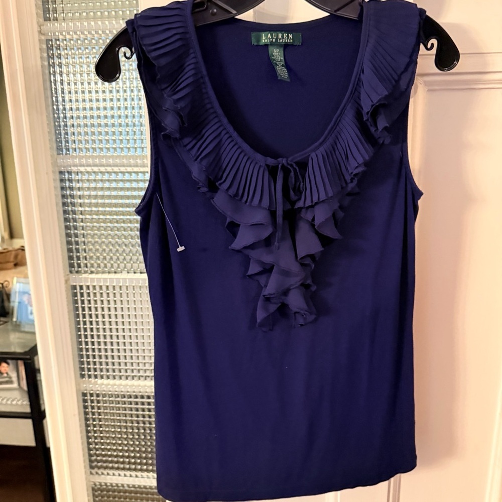 Lauren Ralph Lauren Women’s Ruffled Front Sleeveless Top Navy Sz S/P NWOT - Picture 4 of 9